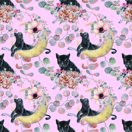 Watercolor seamless patterns with moons, panthers and floral bouquets backgroundの写真素材