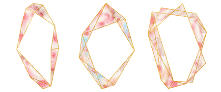 Watercolor gold frame in soft pastel pink colors. Polygonal shape. Place for your text. Triangleのイラスト素材
