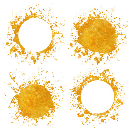 Splatter gold round frame backgrounds paints set with golden splash on white. Grunge blots and drops. High quality manually traced vector illustrationのイラスト素材