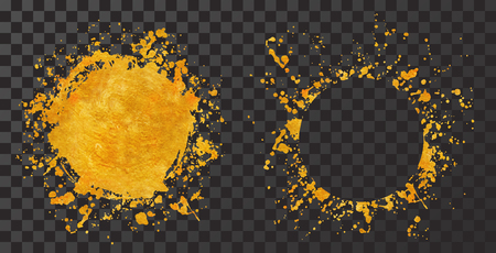 Splatter gold round frame backgrounds paints set with golden splash on black. Grunge blots and drops. High quality manually traced vector illustrationのイラスト素材