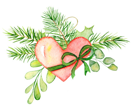 Merry Christmas watercolor wreaths with floral winter elements. Happy New Year card, posters. Flowers, spruce branches and mistletoe branches on a white background isolated decorationの写真素材