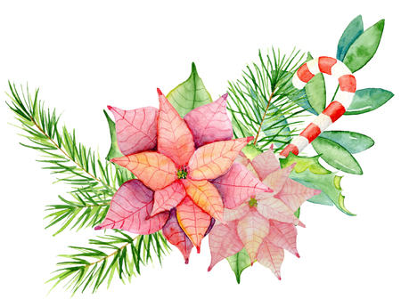 Merry Christmas watercolor wreaths with floral winter elements. Happy New Year card, posters. Flowers, spruce branches and mistletoe branches on a white background isolated decorationの写真素材