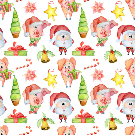 Christmas and New Year hand drawn watercolor seamless patternの写真素材