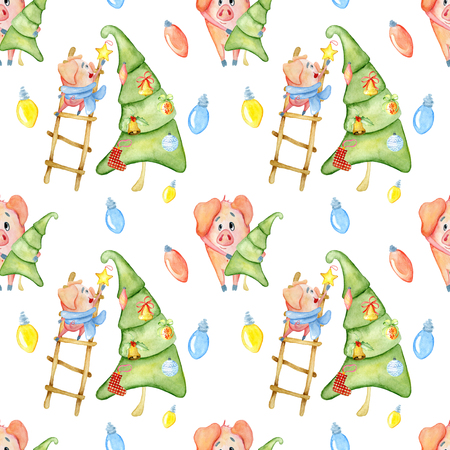 Christmas and New Year hand drawn watercolor seamless patternの写真素材