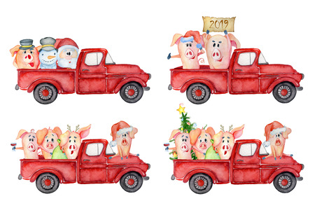 Red Christmas truck with pig, santa and gifts New year hand drawn watercolor illustrationの写真素材