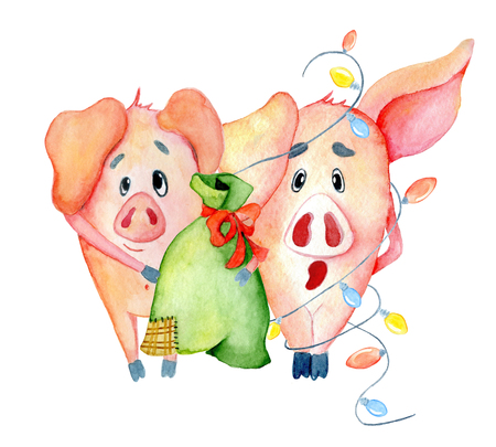 Cute Christmas pigs with present bag and garland Watercolor  hand drawn illustrationの写真素材