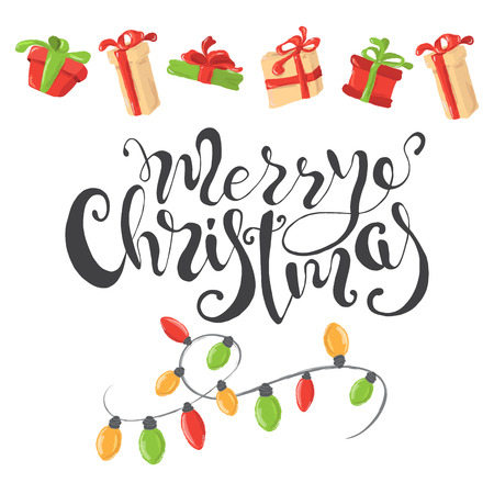 Merry Christmas card with gift boxes and garlands Vector illustrationのイラスト素材