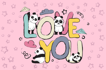 Color love you greeting card design with cute panda bears and quoteのイラスト素材