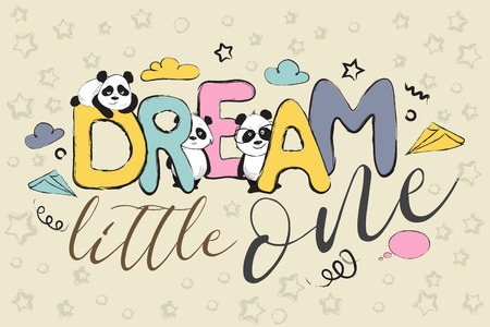 Color Dream little one greeting card design with cute panda bears and quoteのイラスト素材