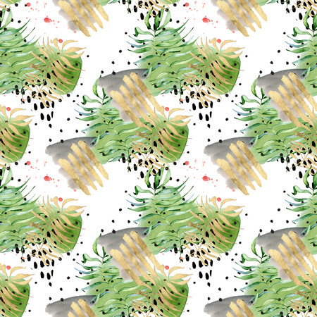 Collage Abstract tropical memphis seamless pattern. Watercolor tropical leaves, hand drawn black and gold shapes on white background. illustrationの写真素材