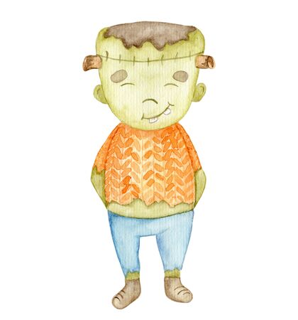 Watercolor frankenstein,, cartoon character cute hand drawn illustrationの写真素材