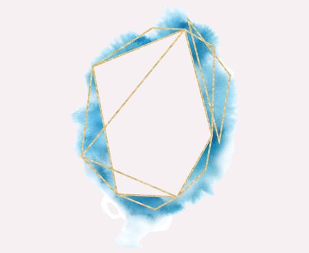 polygonal frame. Gold glitter triangles, geometric shapes. Diamond shape with watercolor washes. Minimal template for creative designs, card, invitation,のイラスト素材