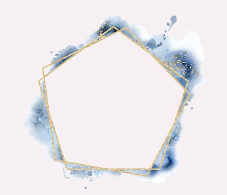 polygonal frame. Gold glitter triangles, geometric shapes. Diamond shape with watercolor washes. Minimal template for creative designs, card, invitation,のイラスト素材