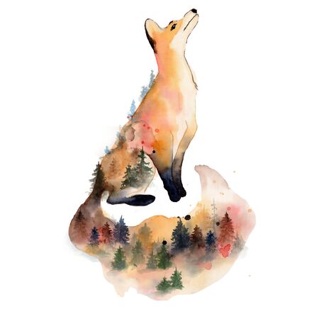 Watercolor fox with double exposure effect Animal illustration isolated on white background. Hand drawnの写真素材