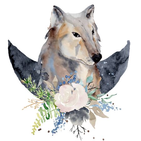 Watercolor wolf  Animal composition Hand drawn illustration isolated on white backgroundの写真素材