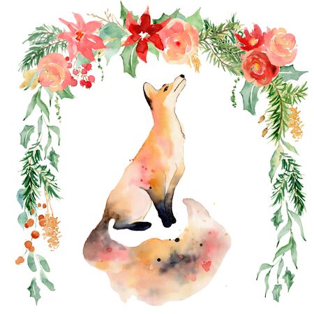 Watercolor fox with flowers Animal illustration isolated on white background. Hand drawnの写真素材