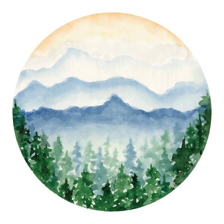 watercolor landscape with pine and fir trees and mountains abstract nature background, forest template, hand drawn illustrationのイラスト素材