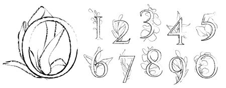 Line art numbers with flowers and leaves. Romantic set for wedding invitations and cardsのイラスト素材