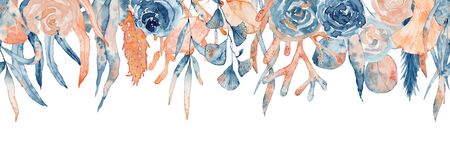 Watercolor floral frame with pink and blue peony, leaves and corals, hand drawn illustrationの写真素材