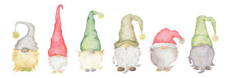 Watercolor illustration of cute christmas gnomes in red hats isolated on the white backgroundの写真素材