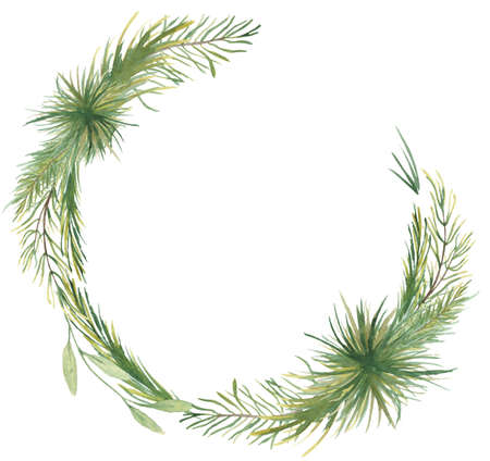 Watercolor Christmas wreath with pine tree branches hand drawn illustration isolated on white backgroundの写真素材