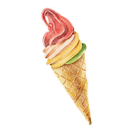 Watercolor wafefle cone ice cream hand drawn illustration