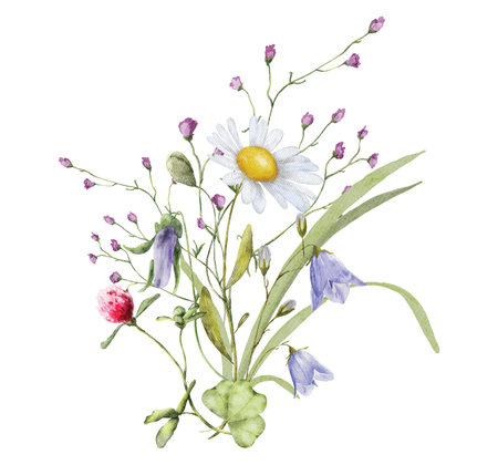 Wild flowers watercolor bouquet botanical hand drawn illustrationのイラスト素材