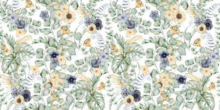 Watercolor seamless pattern with anemone flowers, eucalyptus and monstera leaves. Hand drawn illustrationの写真素材