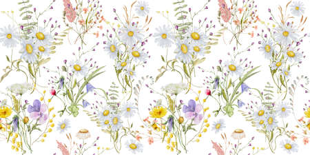 Wild flowers watercolor seamless pattern botanical hand drawn illustrationの写真素材
