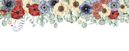 Watercolor seamless border with anemone flowers, eucalyptus and monstera leaves. Hand drawn illustrationのイラスト素材