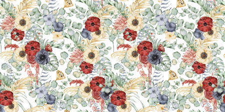 Watercolor seamless pattern with anemone flowers, eucalyptus and monstera leaves. Hand drawn illustrationの写真素材