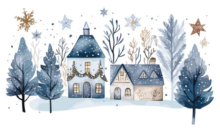 Watercolor Christmas winter houses, Blue illustration with pine treesのイラスト素材