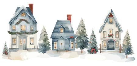 Watercolor Christmas winter houses, Blue illustration with pine treesのイラスト素材
