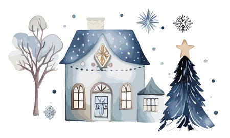 Watercolor Christmas winter houses, Blue illustration with pine treesのイラスト素材