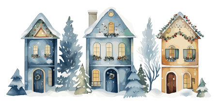 Watercolor Christmas winter houses, Blue illustration with pine treesのイラスト素材
