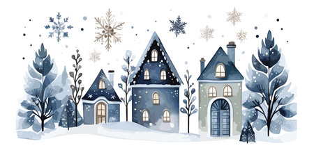 Watercolor Christmas winter houses, Blue illustration with pine treesのイラスト素材