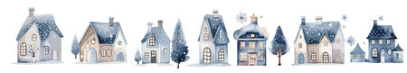 Watercolor Christmas winter houses, Blue illustration with pine treesのイラスト素材