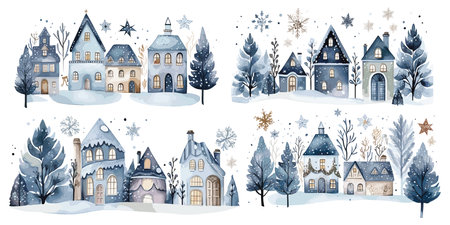 Watercolor Christmas winter houses, Blue illustration with pine treesのイラスト素材