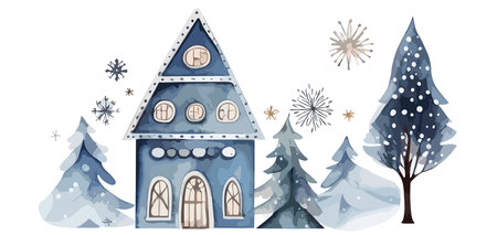 Watercolor Christmas winter houses, Blue illustration with pine treesのイラスト素材