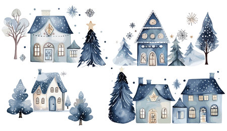 Watercolor Christmas winter houses, Blue illustration with pine treesのイラスト素材