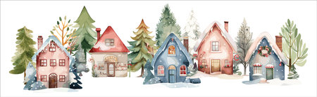Watercolor Christmas winter houses, Holiday illustration with village and pine treesのイラスト素材
