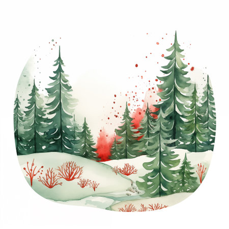 Watercolor winter pine trees forest hand drawn Christmas landscapeの写真素材