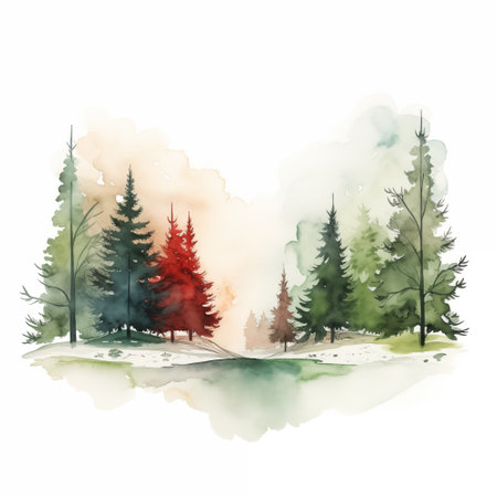 Watercolor winter pine trees forest hand drawn Christmas landscapeの写真素材