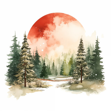 Watercolor winter pine trees forest hand drawn Christmas landscapeの写真素材