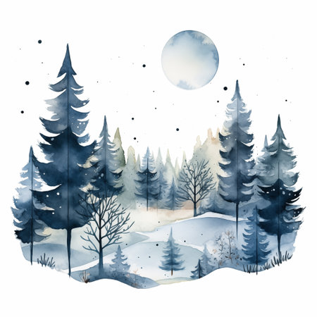 Watercolor winter pine trees forest hand drawn Christmas landscapeの写真素材