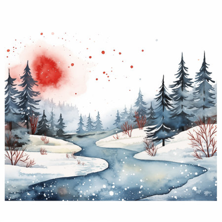 Watercolor winter pine trees forest hand drawn Christmas landscapeの写真素材