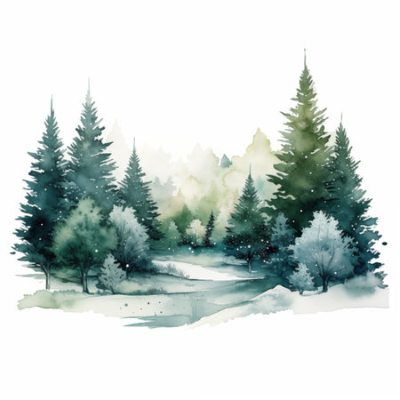 Watercolor winter pine trees forest hand drawn Christmas landscapeの写真素材