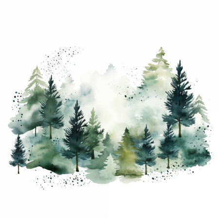 Watercolor winter pine trees forest hand drawn Christmas landscapeの写真素材
