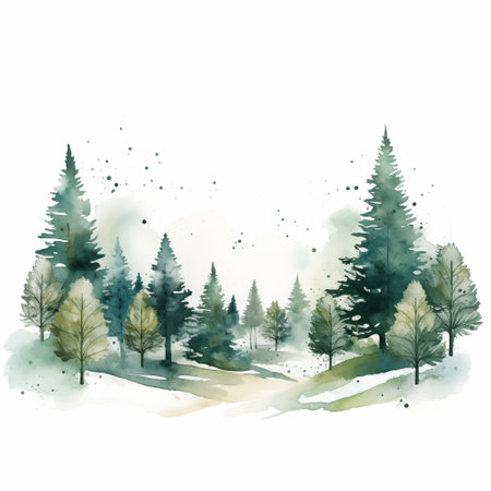 Watercolor winter pine trees forest hand drawn Christmas landscapeの写真素材