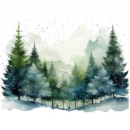 Watercolor winter pine trees forest hand drawn Christmas landscapeの写真素材